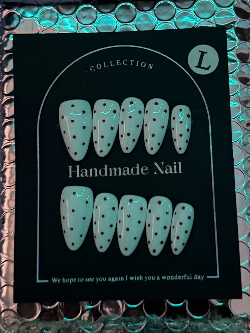 Handmade White Press-On Nails with Red Dots